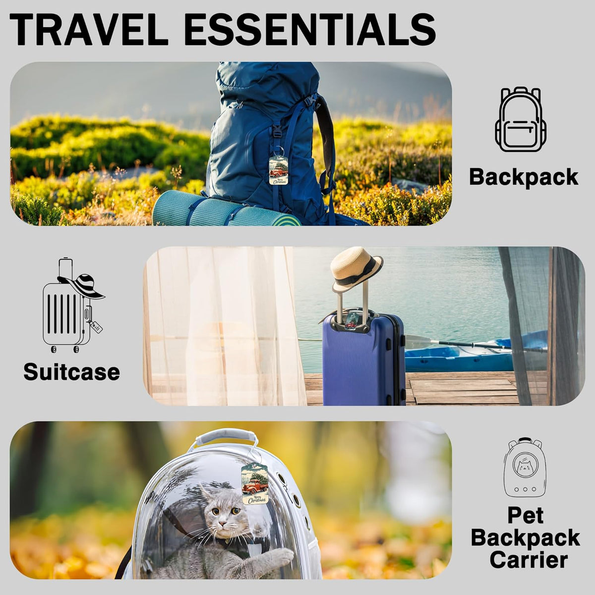 Red Truck Carrying Christmas Tree Set of 2 Luggage Tags for Suitcases Leather Suitcase Tags Identifiers with Privacy Name Label and Stainless Steel Loop for Women Men Travel Luggage Accessories