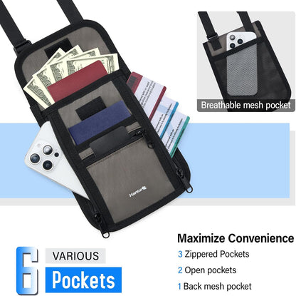 Hanke Passport Holder, Travel Wallet for Womens and Men, Neck Wallet Hidden Passport Pouch for Travel Adjustable Lightweight Thin with 6 compartments (Dark Grey)