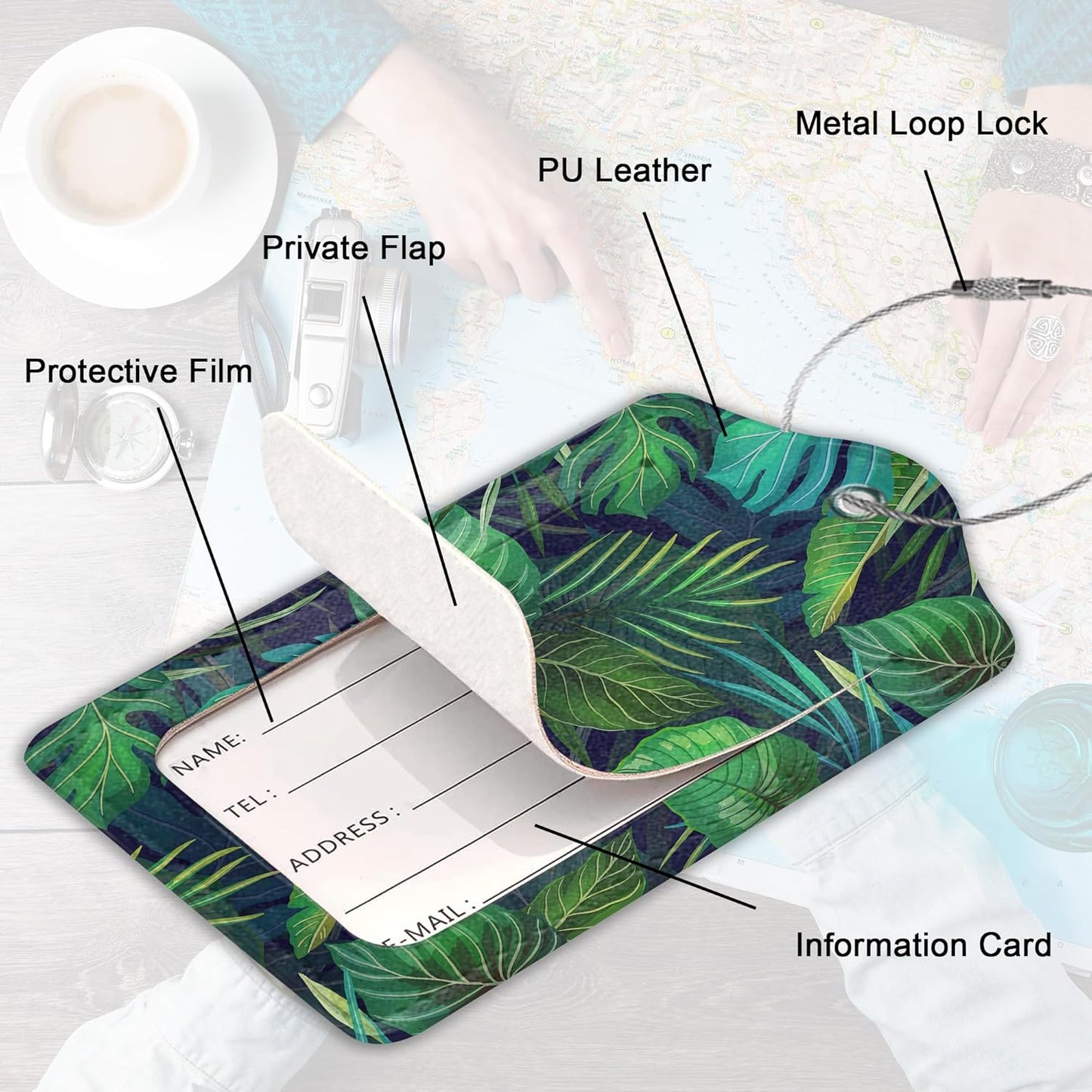 Summer Luggage Tag for Suitcase,Green Palm Leaves Tropical Plants Unique Travel Tags with Privacy Cover ID Label & Stainless Steel Loop for Men Women