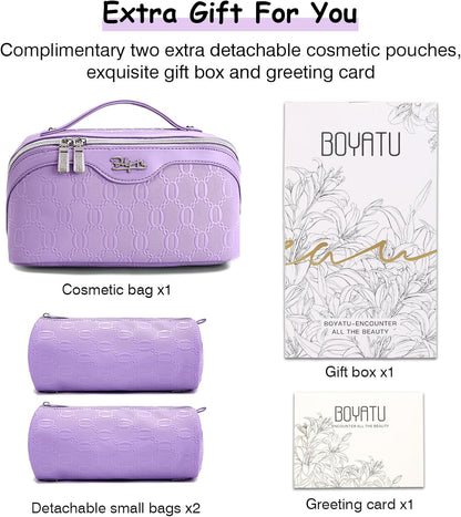 BOYATU Travel Makeup Bag for Women: Cosmetic Organizer Bag with Compartments - Leather Make up Bags Set of 3 (Purple)