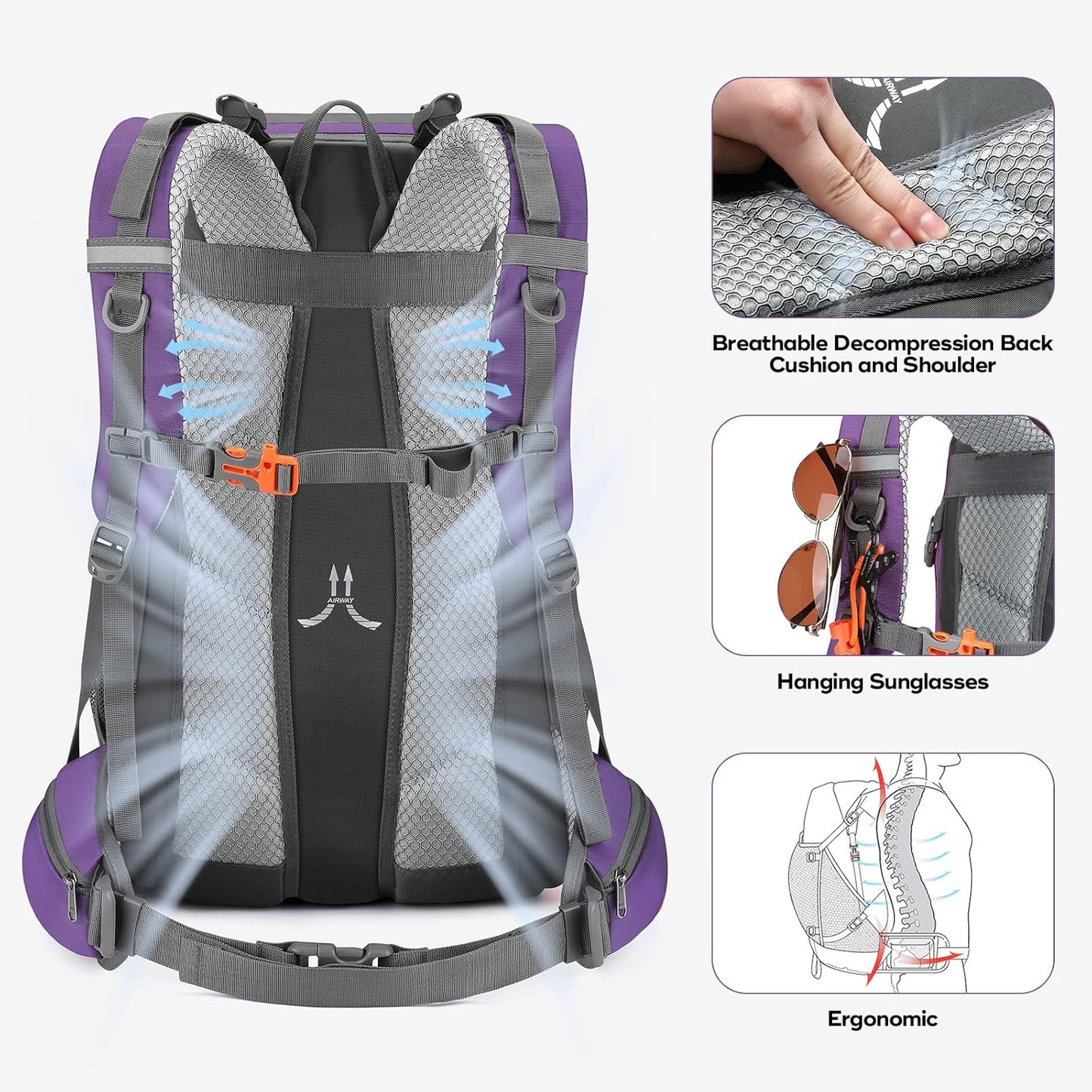 Maelstrom Hiking Backpack,Camping Backpack,40L Waterproof Hiking Daypack with Rain Cover,Lightweight Travel Backpack,Purple