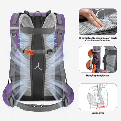 Maelstrom Hiking Backpack,Camping Backpack,40L Waterproof Hiking Daypack with Rain Cover,Lightweight Travel Backpack,Purple