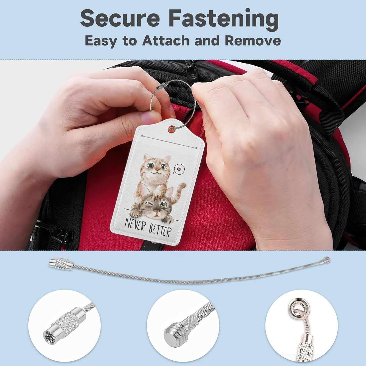 Cute Cat Luggage Tags for Suitcases,2 Pack,Never Better Luggage Tag,Leather Stainless Steel Loop Label Tag for Women Men Girls Travel Bag Suitcase