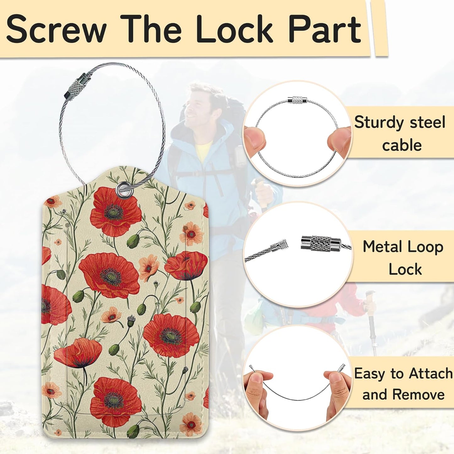 3 PCS Red Poppy Flower Luggage Tags,Suitcase Tags Privacy Cover ID Label with Stainless Steel Loop and Address Card for Travel Bag Suitcase