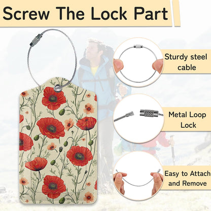 3 PCS Red Poppy Flower Luggage Tags,Suitcase Tags Privacy Cover ID Label with Stainless Steel Loop and Address Card for Travel Bag Suitcase