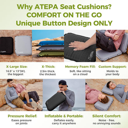 ATEPA Inflatable Stadium Seat Cushion, Self-Inflating Memory Foam Stadium Seats Bleacher Seat Chair Cushion Pad for Airplane Travel Backpacking Sports Events