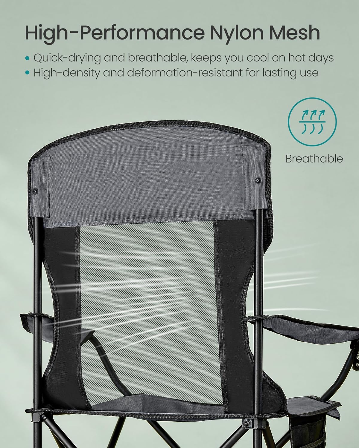 SONGMICS Breathable Camping Chairs, Foldable Outdoor Chairs Set of 2, High Back, Adjustable Armrests, Drink Holder, Weight Capacity 330 lb, for Sports Garden Backyard, Slate Gray UGCB028G01