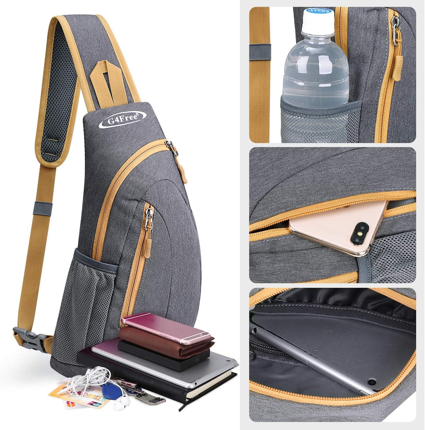 G4Free Sling Bag for Men Women, Small Crossbody Backpack Lightweight Chest Shoulder Bags for Travel, Outdoor and Sports (Grey Yellow)
