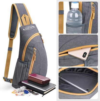 G4Free Sling Bag for Men Women, Small Crossbody Backpack Lightweight Chest Shoulder Bags for Travel, Outdoor and Sports (Grey Yellow)