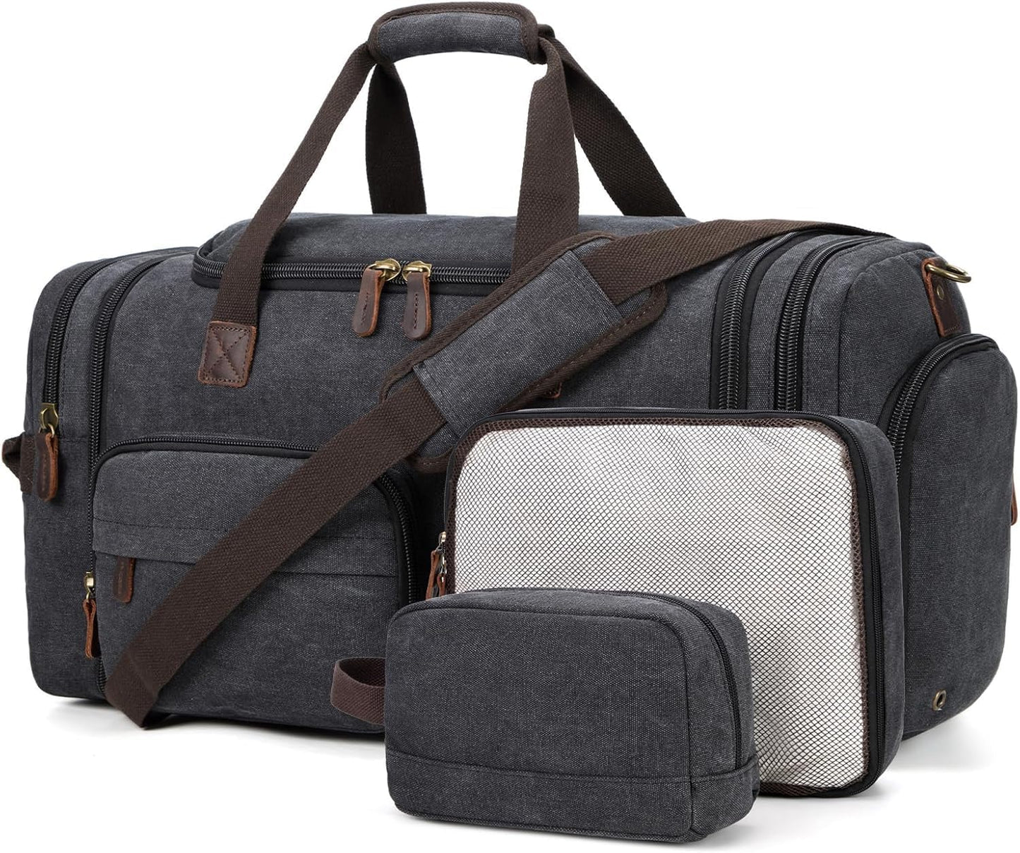 Mens Duffle Bag for Travel 3Pcs Set Travel Bags for Men 60L Expandable Canvas Bag (Dark Gray)