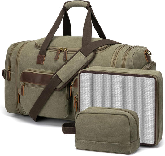 Mens Duffle Bag for Travel 60L Expandable Canvas Weekender Overnight Travel Duffel Bag with Shoe Compartment Carry-On for Airplanes Army Green