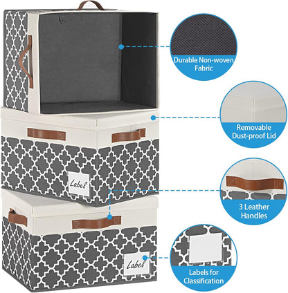 GhvyenntteS Extra Large Storage Bins with Lids, Foldable Fabric Storage Boxes with Lids and 3 Handles, Storage Baskets with Label for Home Office (3 Pack, White&Lattice Grey, 15.75x11.8x10.2)