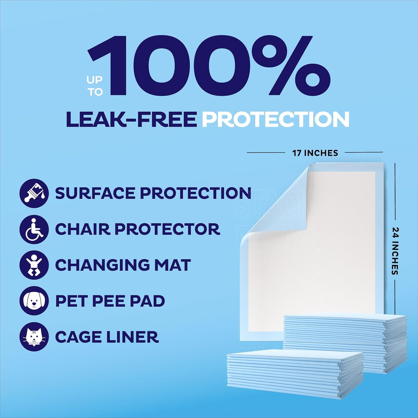 Chucks Pads Disposable [50-Pack] Underpads 17"x 24" - Pee Pads for Dog, Puppy - Diaper Changing Table Pad for Baby - Incontinence Bed & Chair Liners for Elderly - Pet Potty Training Pads - Leak Proof