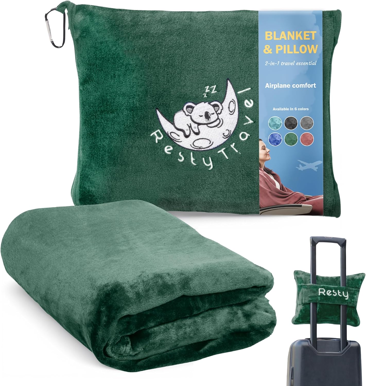 Resty 65"x40" Traveling Airplane Blanket, Forest Green – Lightweight, Velvety Soft Blanket That Becomes a Travel Pillow – Must-Have Comfort for Planes & Road Trips – Travel Essentials for Women & Men