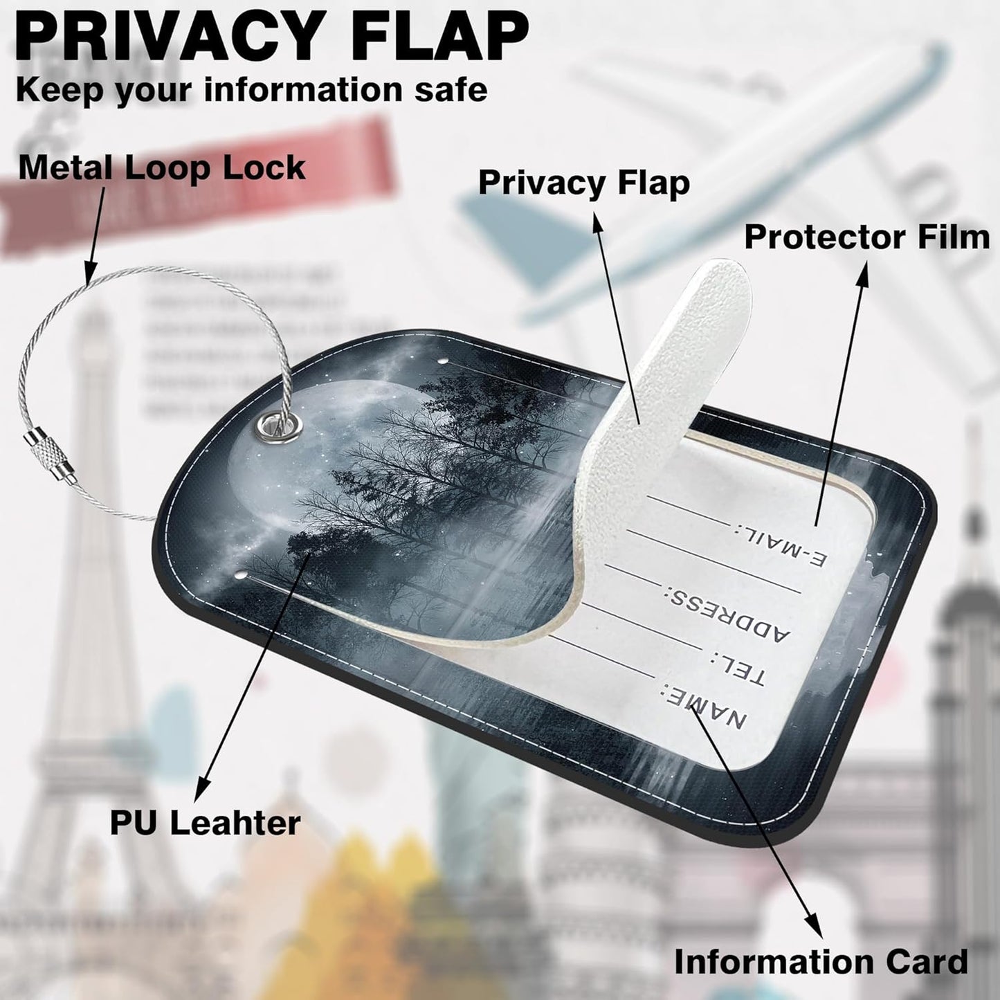 2 PCS Leather Luggage Tag for Suitcase Forest Moonlight Reflection in Water Travel Suitcase Labels with Privacy Name ID Label and Stainless Steel Loop for Adults Teens Travel Bag Labels Set