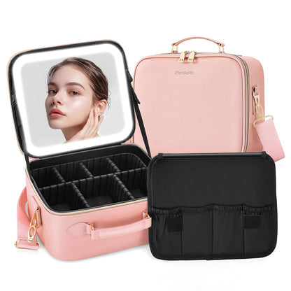 Travel Makeup Bag Cosmetic Organizer Bag with Lighted Mirror, Waterproof Makeup Bag with Light Up Mirror, Travel Makeup Case for Cosmetic Brush Holder Storage, Large Toiletry Bag Women Gift