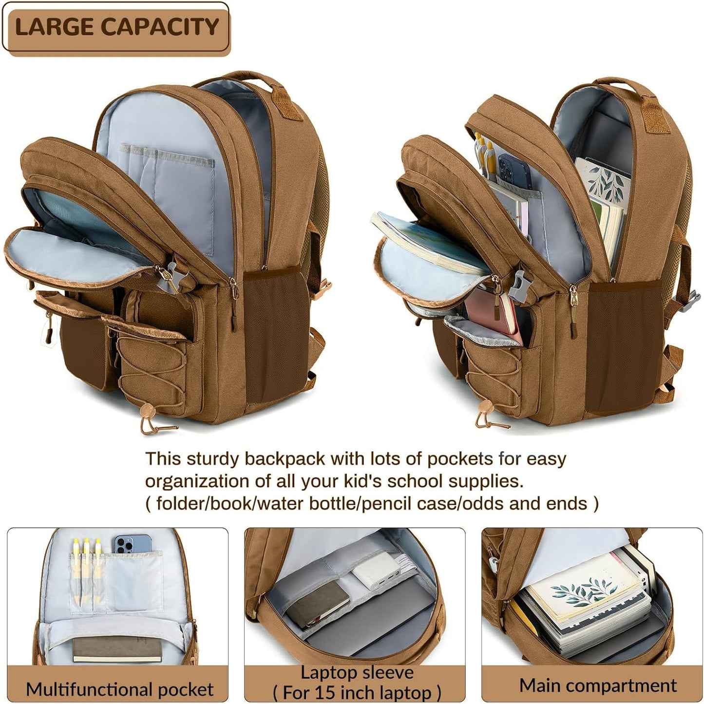 Lohol Water Resistant Daypack with Mulitiple Pockets for Travel Outdoor College, 15.6 inch Laptop Backpack for Men and Women (Brown)