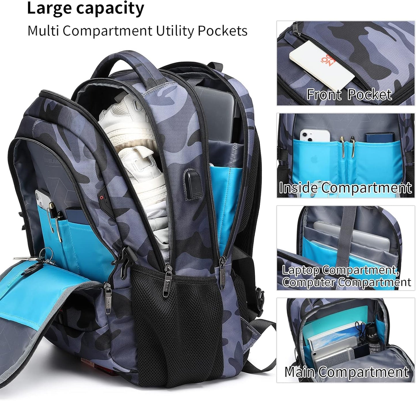 DUSLANG 17 Inch Travel Laptop Backpack Water Resistant Hiking Backpack for Men Laptop Bag with USB Charging Port,Camouflage green