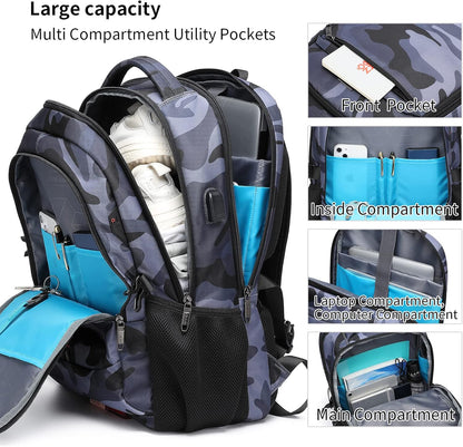 DUSLANG 17 Inch Travel Laptop Backpack Water Resistant Hiking Backpack for Men Laptop Bag with USB Charging Port,Camouflage green