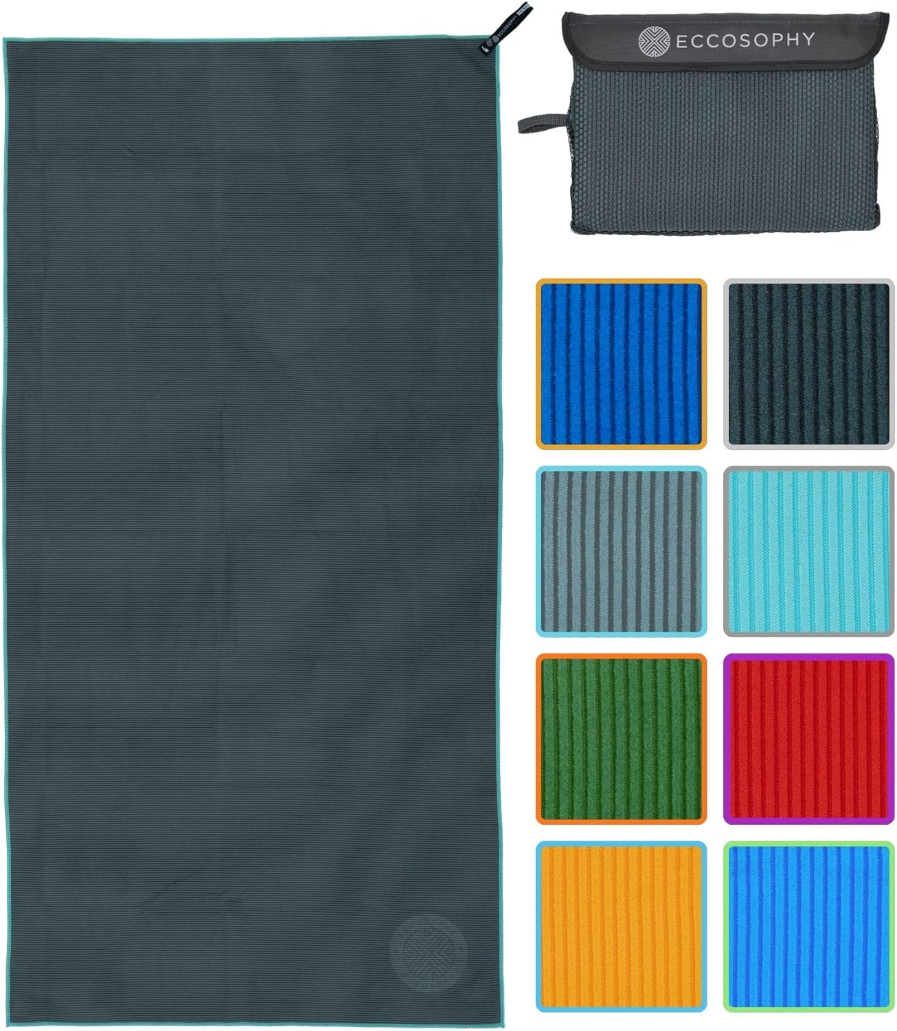 ECCOSOPHY Microfiber Beach Towel – Quick Dry Gym Towel, Highly Absorbent with Ribbed Texture, Lightweight – Ideal for Travel, Pool, Yoga, Fitness & Outdoor Adventures – 60x30 Charcoal