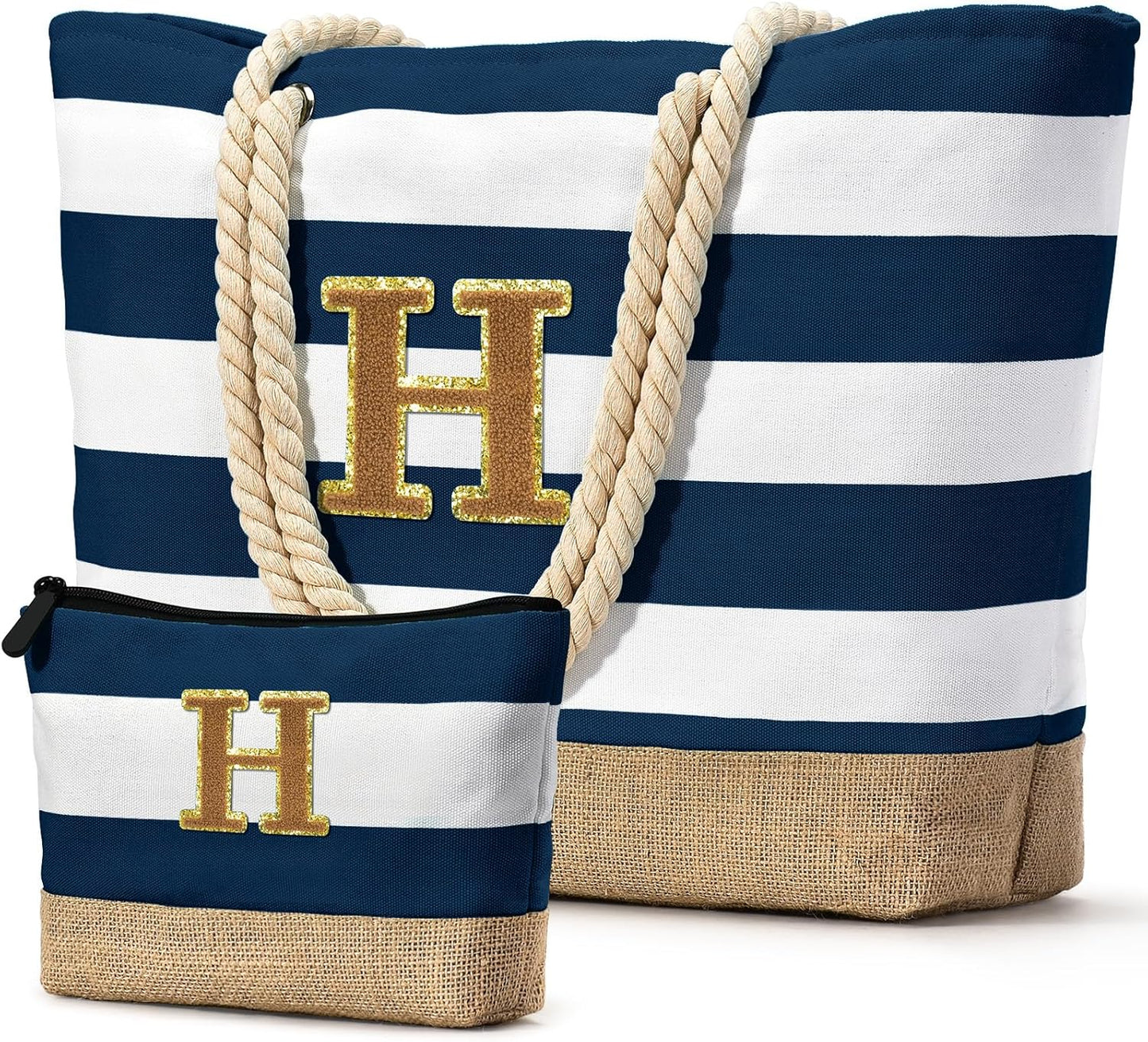 Becokan Beach Bag Initial Beach Tote with Makeup Bag for Travel Work Storage Personalized Birthday Gifts for Women Her