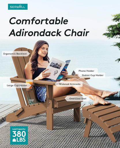 SERWALL Adirondack Chair with Cup Holders - Composite Adirondack Chairs Set of 6 HDPE Outdoor Chairs All Weather Use- Brown