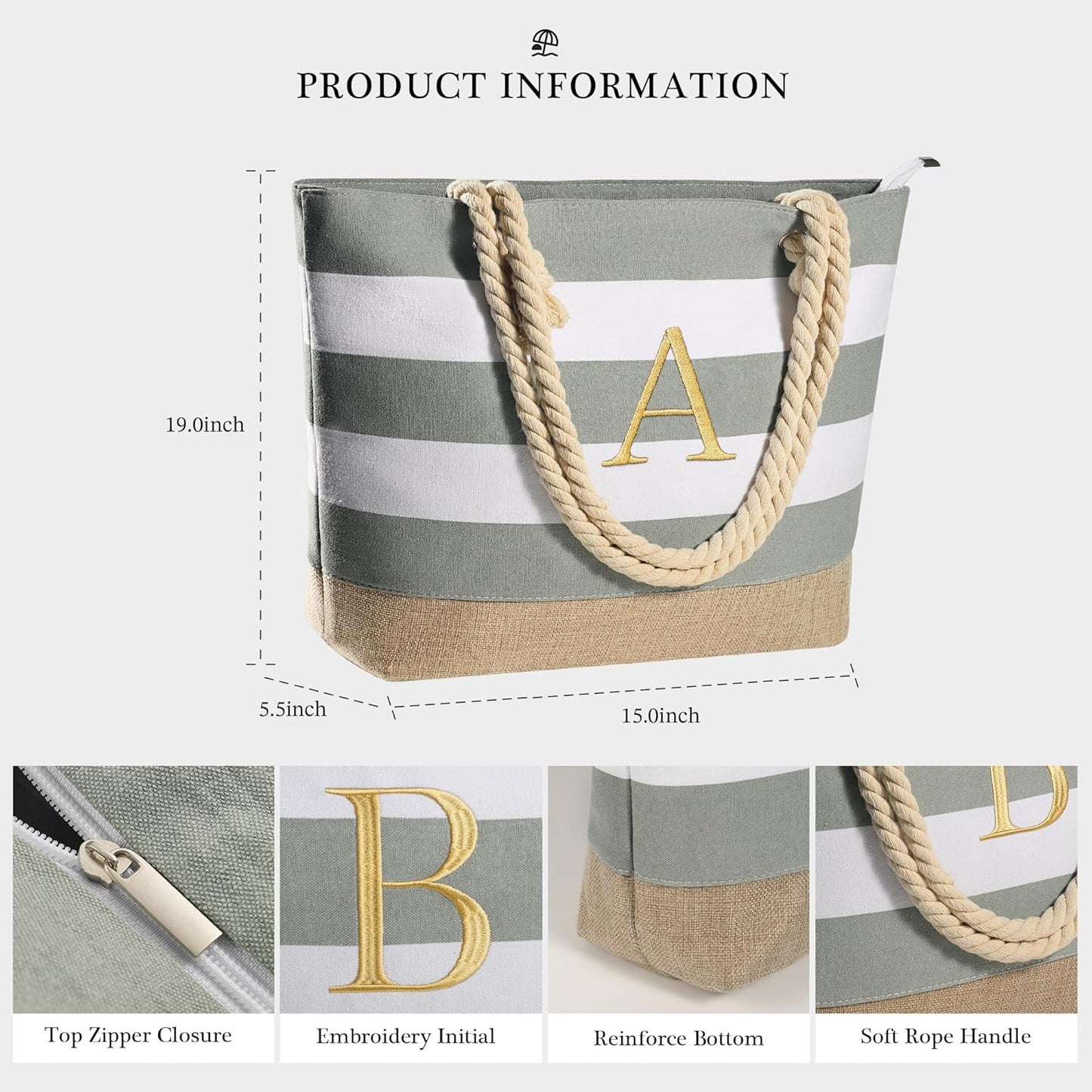 YOOLIFE Initial Canvas Waterproof Beach Tote Bag Zipper Personalized Gifts for Women Her Birthday Travel Beach Essential