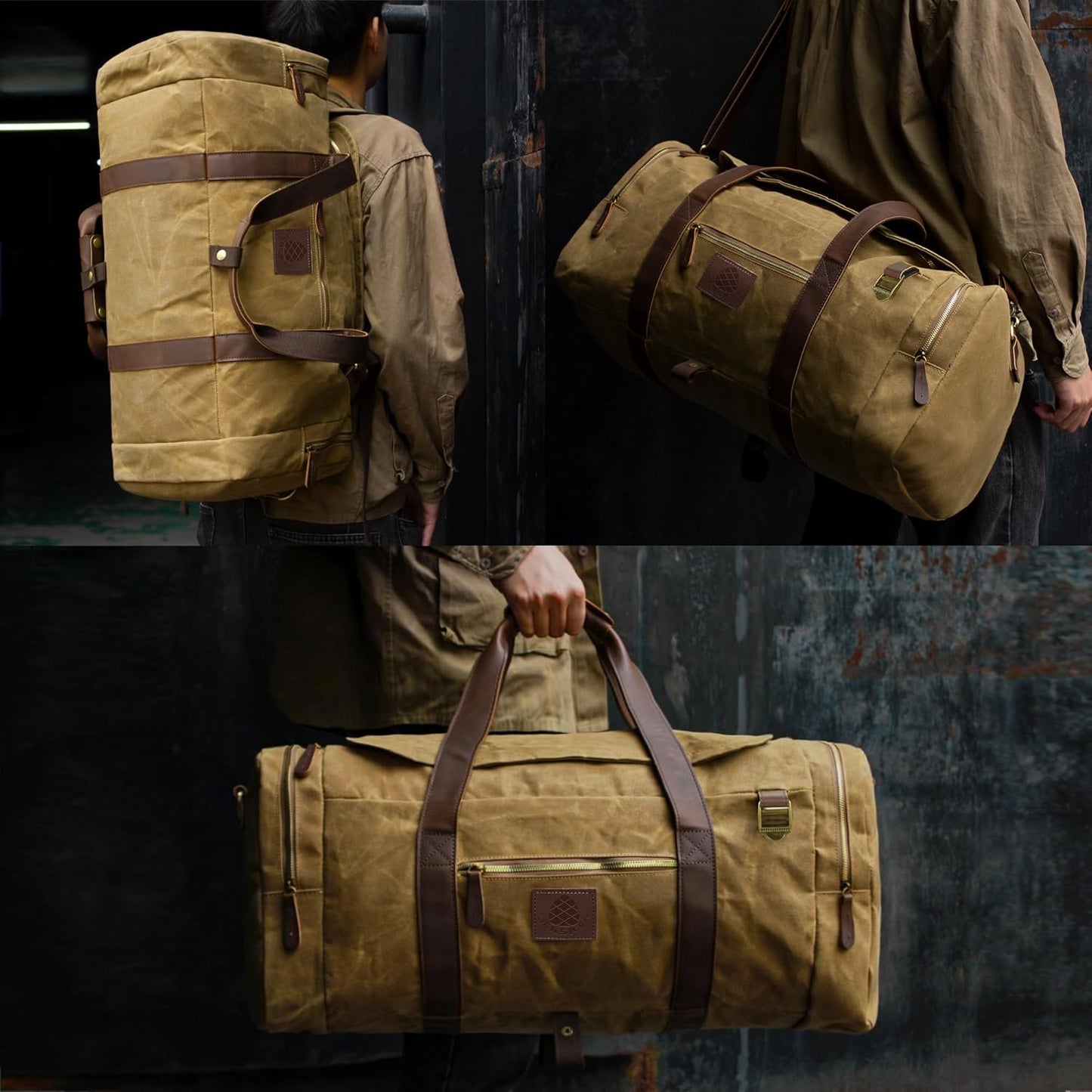 50L Duffle Bag for Men, Nomad Waxed Canvas Travel Duffel Bag Vintage Genuine Leather Travel Handbag Upgraded Weekender Overnight Backpack with Shoes Compartment (Vintage Brown)