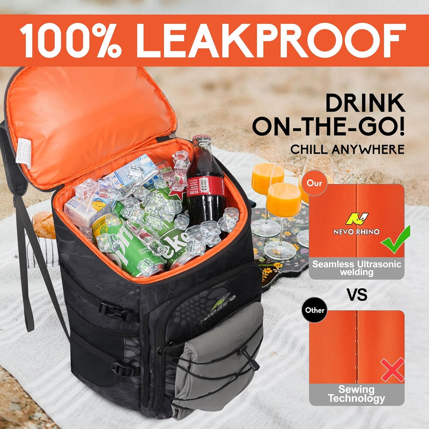 N NEVO RHINO Backpack Coolers Insulated Leak Proof 36/54 Cans,Portable Lightweight Waterproof Insulated Cooler Backpack for Men & Women Ideal for Camping,Travel,Beach,Picnics,Lunch & Day Trips