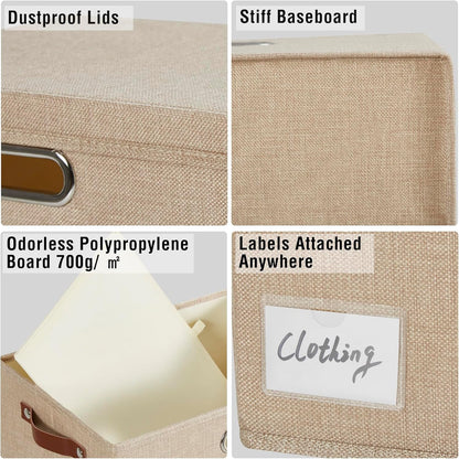 17" Large Collapsible Storage Bins with Lids, Stackable Closet Organizers with PU Handle and Labels, 3-Pack Decorative Fabric Storage Boxes for Home, Bedroom, Closet, Office, Nursery(Khaki)