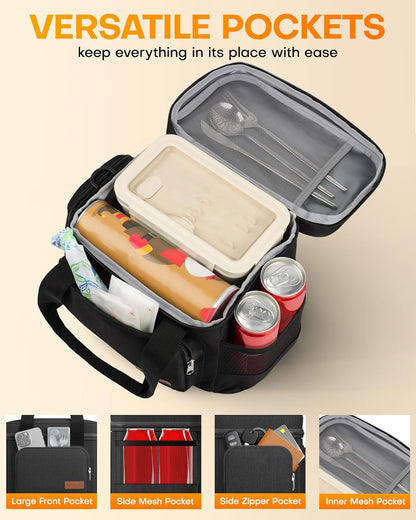 HOTOR Lunch Box for Men and Women - Leak-Proof Insulated Lunch Cooler Bag with Adjustable Strap, Multiple Pockets for Office, Picnic, Hiking, Beach, 1 Layer, 18L, Black, 13.4" x 9.1" x 10.0"