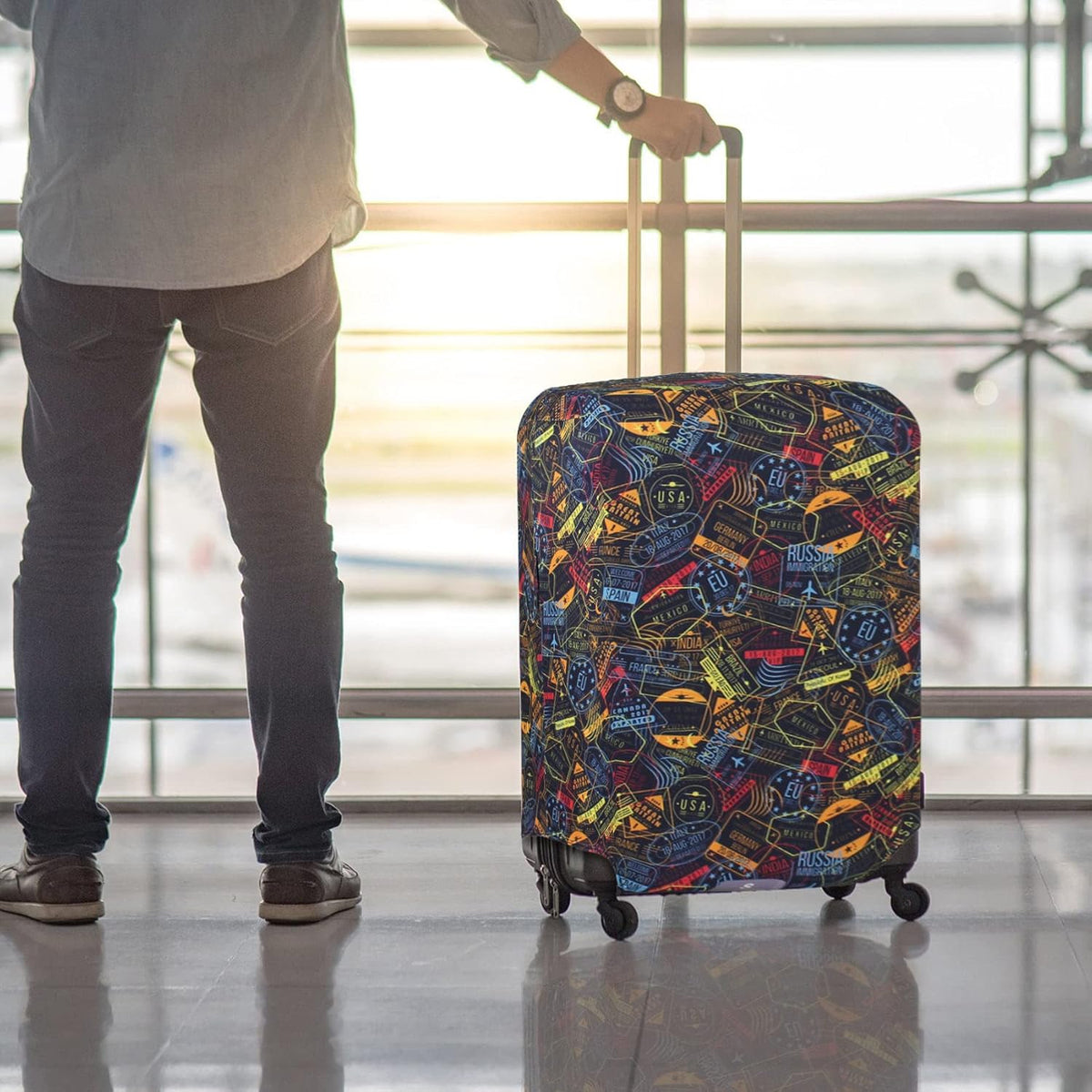Explore Land Travel Luggage Cover Suitcase Protector Fits 18-22 Inch Case (Stamp, S)