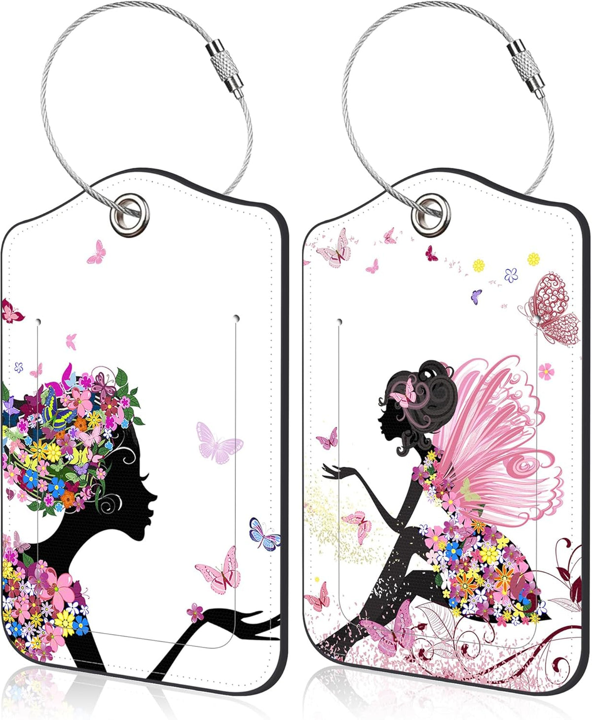 Set of 2 Luggage Tags for Suitcase Flower Fairy and Butterflies Leather Baggage Tags Set with Stainless Steel Loop Name Address Labels Privacy Cover for Men Women Travel Bag Suitcase