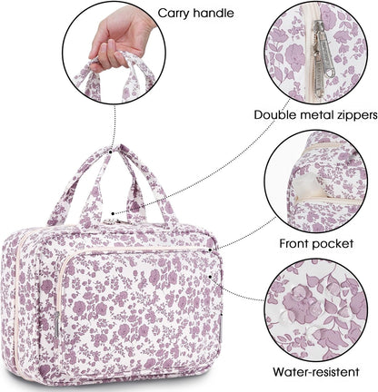 Travel Toiletry Bag for Women Large Hanging Makeup Bag Organizer Toiletries Bag for Full Size Essentials Accessories Cosmetics (Little Dusty Pink Flower (Large))