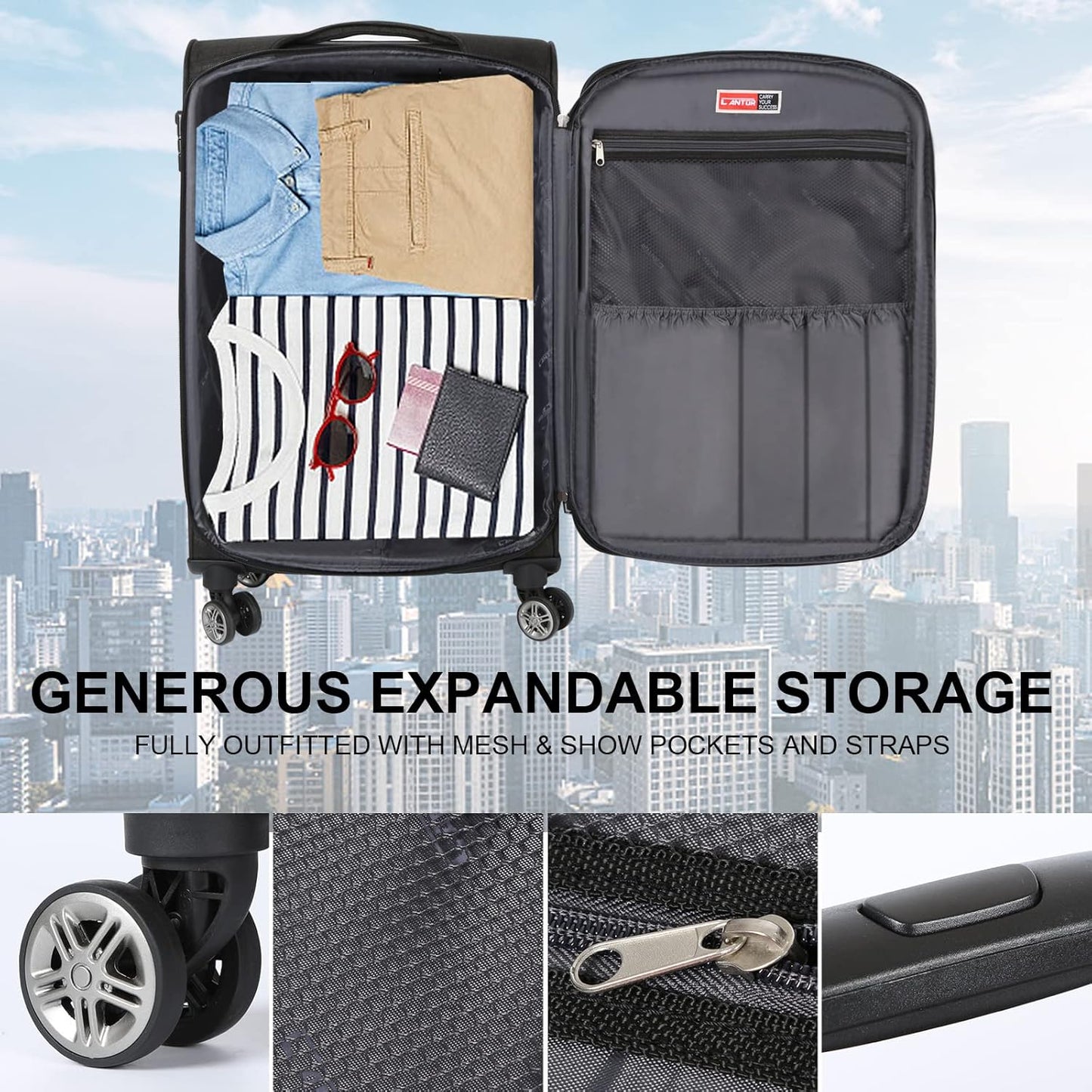 Cantor Ultra Lightweight Softside Luggage with Spinner Wheels, Set of 3, Expandable Suitcase with Retractable Handle and ID Tag, and Interlocking Zippers with TSA Lock