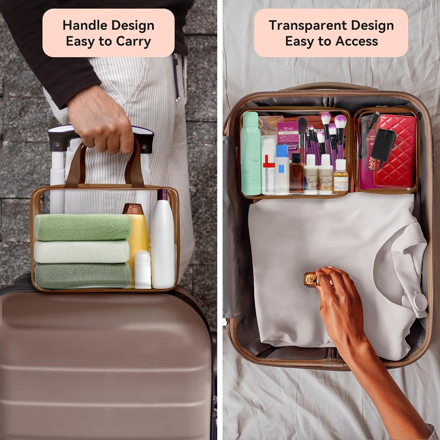 TISRATOK 10 PCS Clear Travel Makeup Toiletry Bag, Plastic PVC Cosmetic TSA Approved Organizer Kit with Zipper Handbag（Coffee）