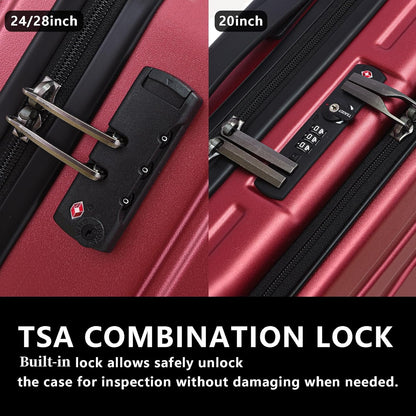 TydeCkare 2pcs 20/28" Luggage Set Lightweight HardShell, Only 20 Inch Carry On 21.65 * 15.35 * 7.87" Cabin Suitcase with Front Pocket, 28 Inch 19.68 * 11.81 * 29.92" Checked Luggage, Wine Red