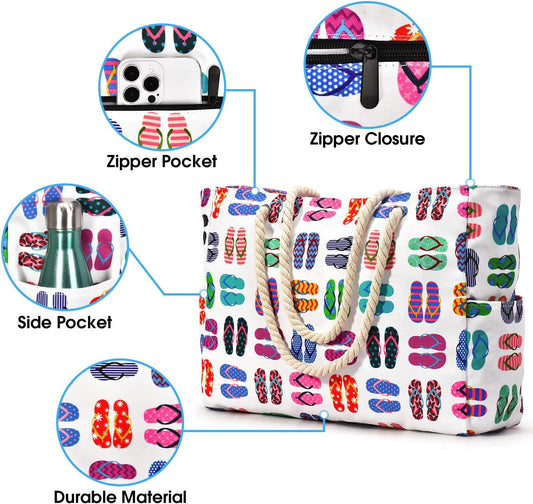 Becokan Beach Bags for Women Large Waterproof Beach Tote Bag Zipper Beach Bags Waterproof Sandproof Swim Pool Bag Large Tote