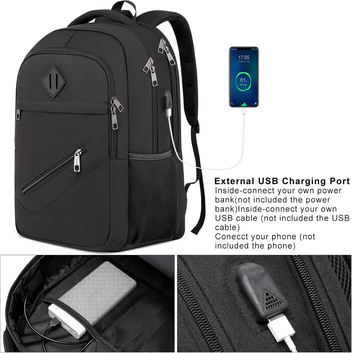 Black Backpack, School Backpacks for Teen Boys & Girls, Student Bookbag Fits 17.3 Inch Laptop with USB Charging Port, Water Resistant Travel Backpack, Sturdy Anti Theft Computer Bag Gifts Men Women