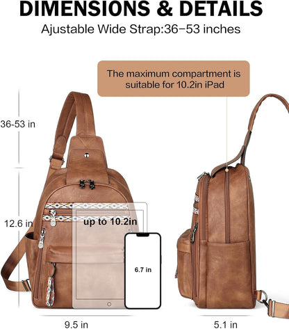 FADEON Large Sling Bag for Women, Leather Crossbody Purse Designer Anti Theft Sling Backpack, RFID Fanny Packs for Travel