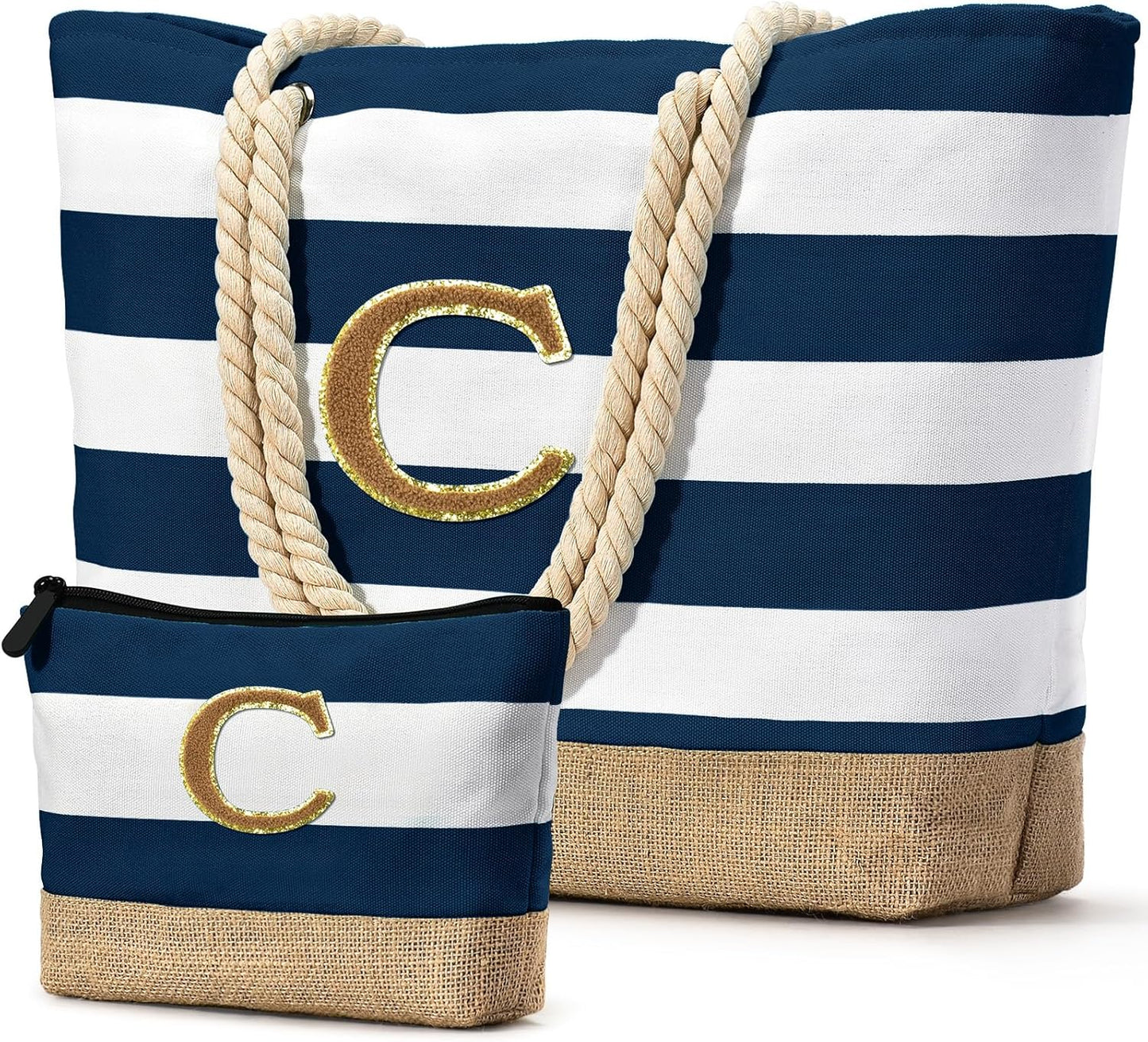 Becokan Beach Bag Initial Beach Tote with Makeup Bag for Travel Work Storage Personalized Birthday Gifts for Women Her