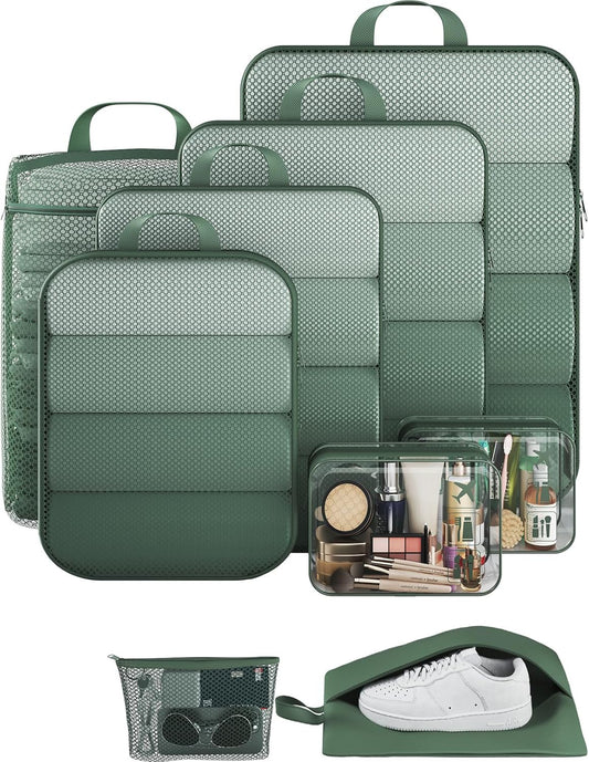 Veken 9/11 Set Compression Packing Cubes for Travel Essentials,Compressible Expandable Large Luggage Suitcase Organizer Bags for Clothing,Durable Space Saver Storage Bags(Dark Green)