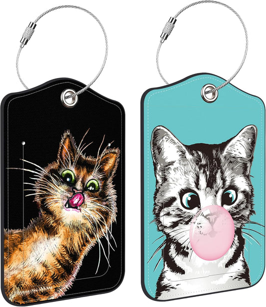 2 PCS Leather Luggage Tags for Suitcase Cute Cat Travel Luggage Tag with Privacy Flap Name ID Label and Metal Loop for Travel Bag Suitcase