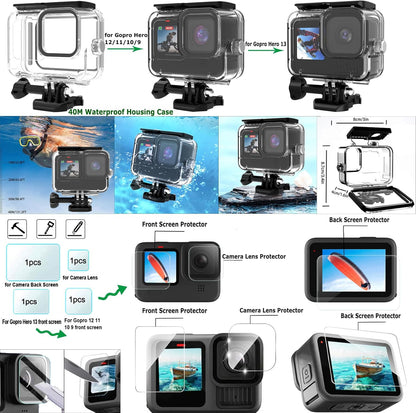 Gurmoir Accessory Kit with Waterproof Case for Go Pro Hero 13 12 11 10 9 Black. Underwater Diving Housing Floating Hand Grip Screen Protector Bundle Pack for GoPro 13 12 11 10 9 Camera(DT13)