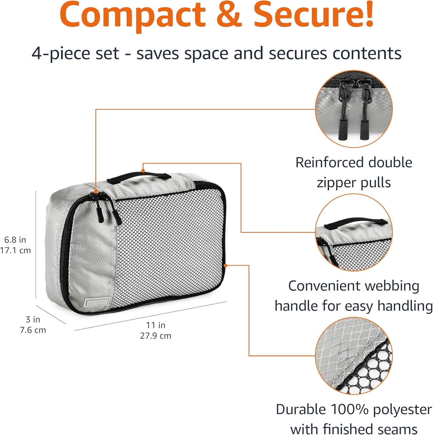 Amazon Basics Small Packing Cubes for Travel, Packing Organizers, 4-Piece-Set With Double Zipper Pulls and Mesh Top Panel, 100% Durable Polyester, Gray, 11"L x 6.8"W x 3"H