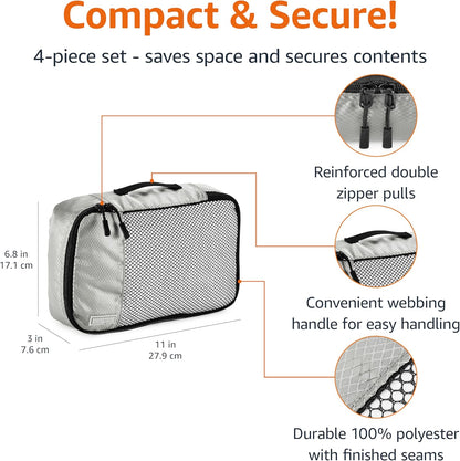 Amazon Basics Small Packing Cubes for Travel, Packing Organizers, 4-Piece-Set With Double Zipper Pulls and Mesh Top Panel, 100% Durable Polyester, Gray, 11"L x 6.8"W x 3"H