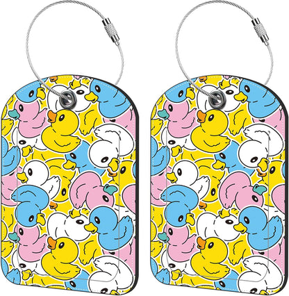 2 Pack Cute Luggage Tag for Suitcases Rubber Duck Leather Luggage Tags with Stainless Steel Loop Privacy Flap Name Tags,Men and Women Travel Bag Suitcase Tags