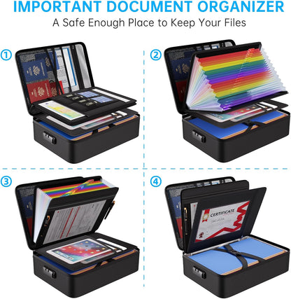 ENGPOW Fireproof Document Box with Lock, 5200℉ Soft Case Fireproof Box with 25 Colorful Pocket Accordion File Folder, Fireproof Water Resistant Safe File Organizer Storage for Important Documents