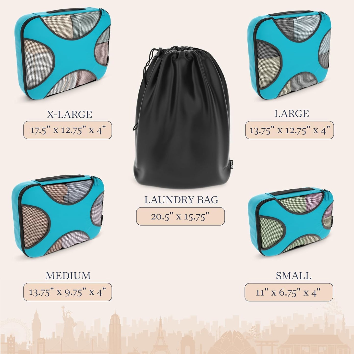 Shacke Premium 5 Packing Cubes Set - Lightweight Mesh Travel Luggage Organizers with Laundry Bag, 5-Piece Suitcase Storage System (Aqua Teal)