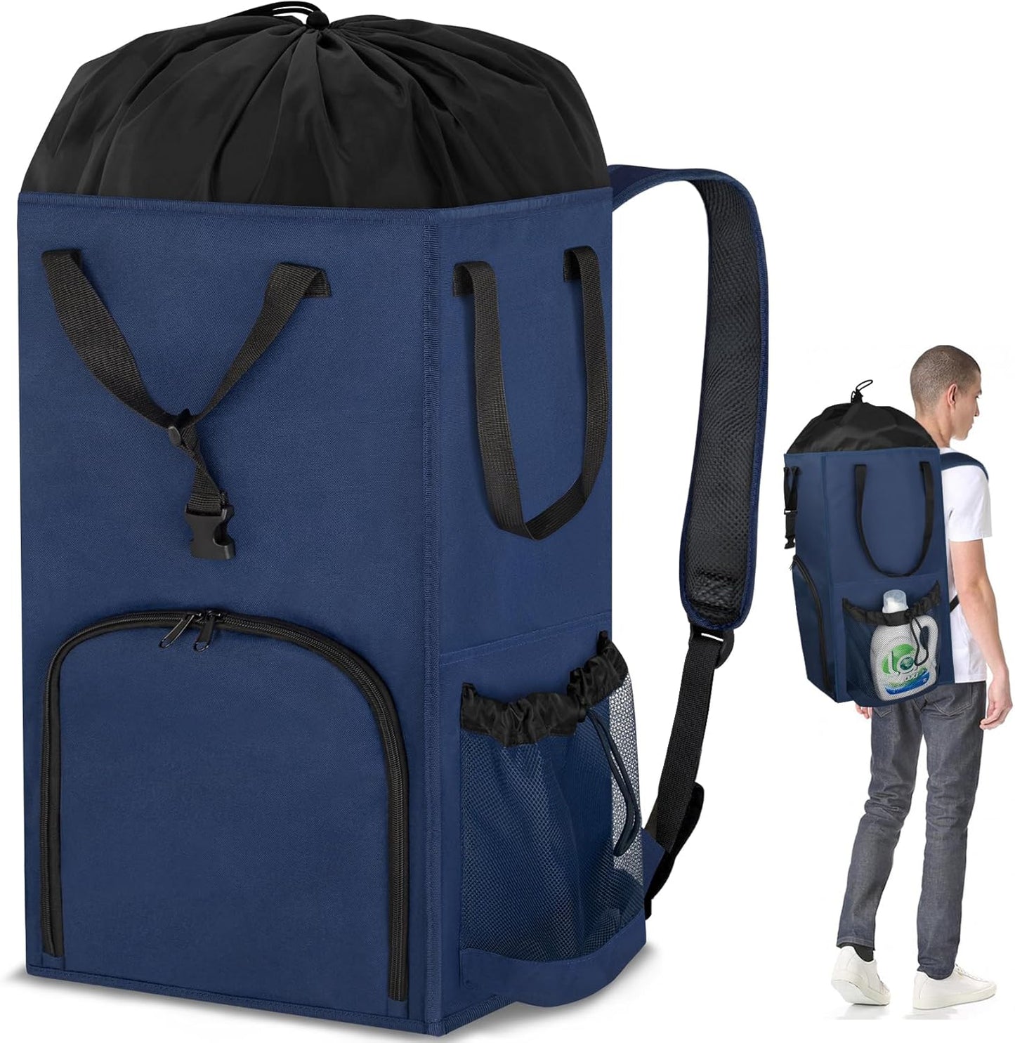 Laundry Bag Backpack Extra Large, 110L Laundry Backpack Heavy Duty with Shoulder Straps, Collapsible and Mesh Pocket Dorm Laundry Basket Hamper Bag for College, Travel, Laundromat, Apartment Blue